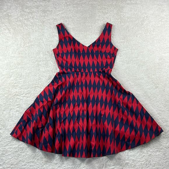 Ixia made in USA harlequin patterned red and blue diamond fit and flare dress, L - Picture 3 of 7